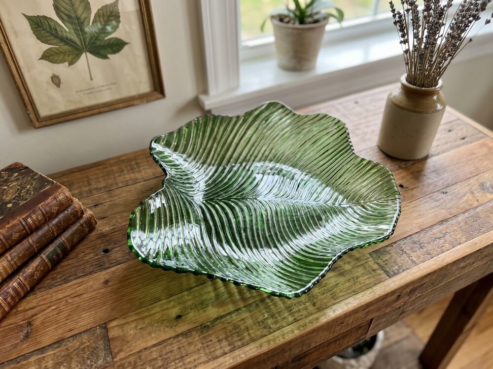 Vintage Emerald Green Glass Leaf Platter / Serving Bowl